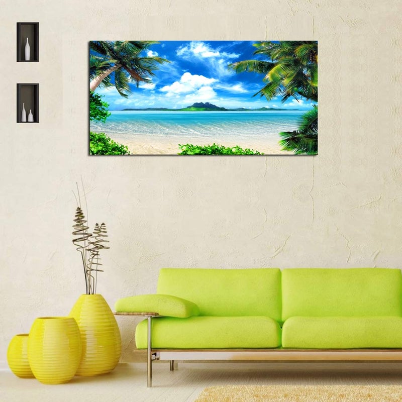 DZL Art S72750 Canvas Wall Art Ocean Waves Coconut Trees on Sands Beach Seascape Scenery Painting Nature Picture for Bedroom Home Office Wall Decor - Image 3